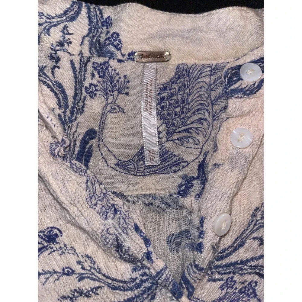Free People Peacock Toile Print Tunic Top Blue Cream Oversized Blouse XS